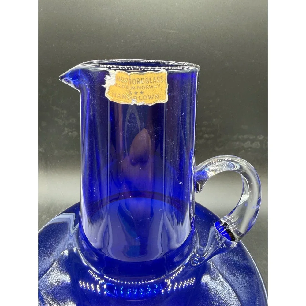Norsk Glass Cobalt Blue Handblown Pitcher Norway Vintage Glass Carafe 8.5